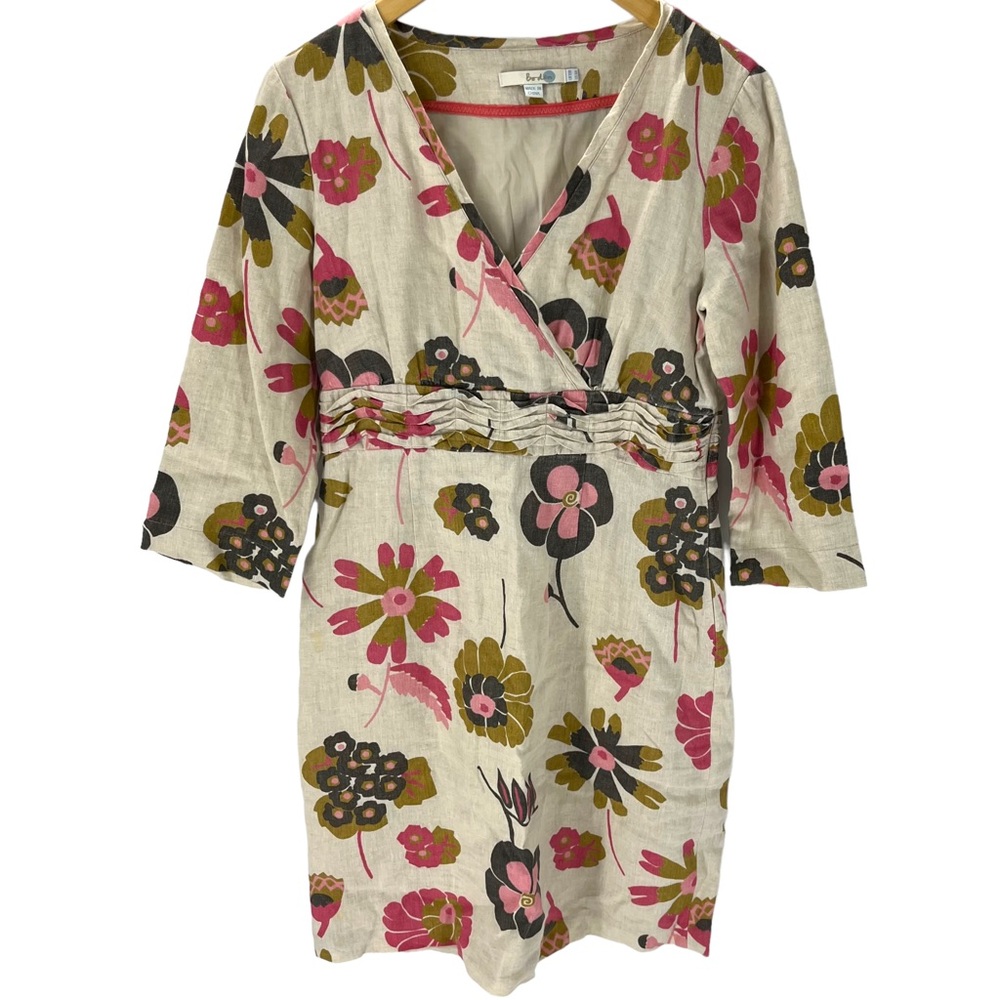 Boden Beige Linen Blend Midi Dress with Pink and Olive Floral Print